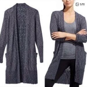 Athleta Weeknd Duster Cardigan Sweater Wrap Open Front Navy Blue and White